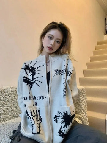 Loose Stand Up Collar Sweater Woman Autumn And Winter Hand-painted Pattern Knit Cardigan Pocket Decoration Vintage Clothes